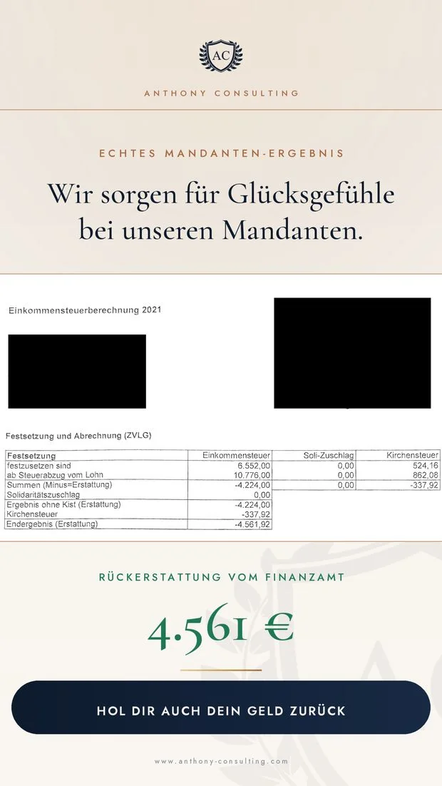 Anonymisierte Berechnung — Rückerstattung vom Finanzamt