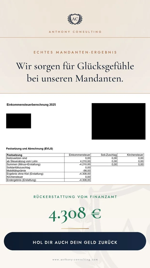 Anonymisierte Berechnung — Rückerstattung vom Finanzamt
