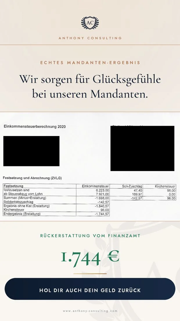 Anonymisierte Berechnung — Rückerstattung vom Finanzamt